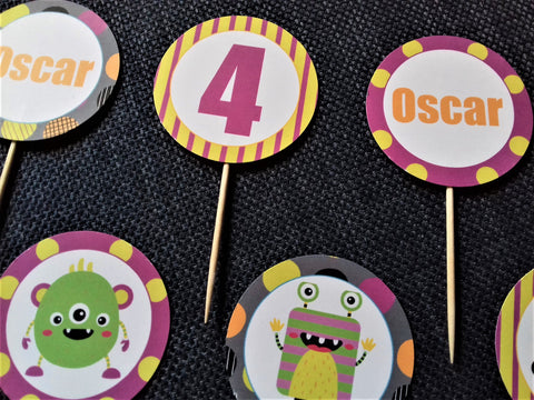 Cupcakes toppers etiquettes rondes personnalisées anniversaire enfant thème monstres à imprimer tête de coucou