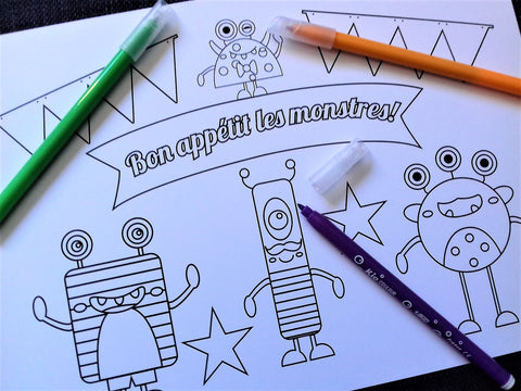 Set de table à colorier anniversaire enfant thème monstres à imprimer tête de coucou