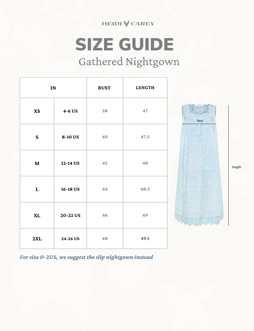 Gatgered Nightgown Sizing Guide