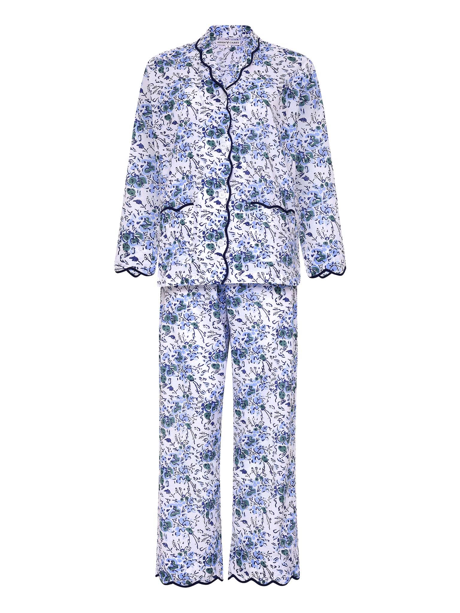 Blue Color Pajama Set 100% Cotton Light Ultra-soft Night Dress Women Cotton  Pants Shirt Set With Shorts Set Handmade Floral Print 