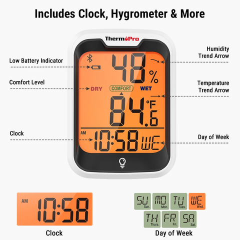 ThermoPro TP358 Hygrometer and Thermometer with Built-in Clock, Blueto – JG  Superstore