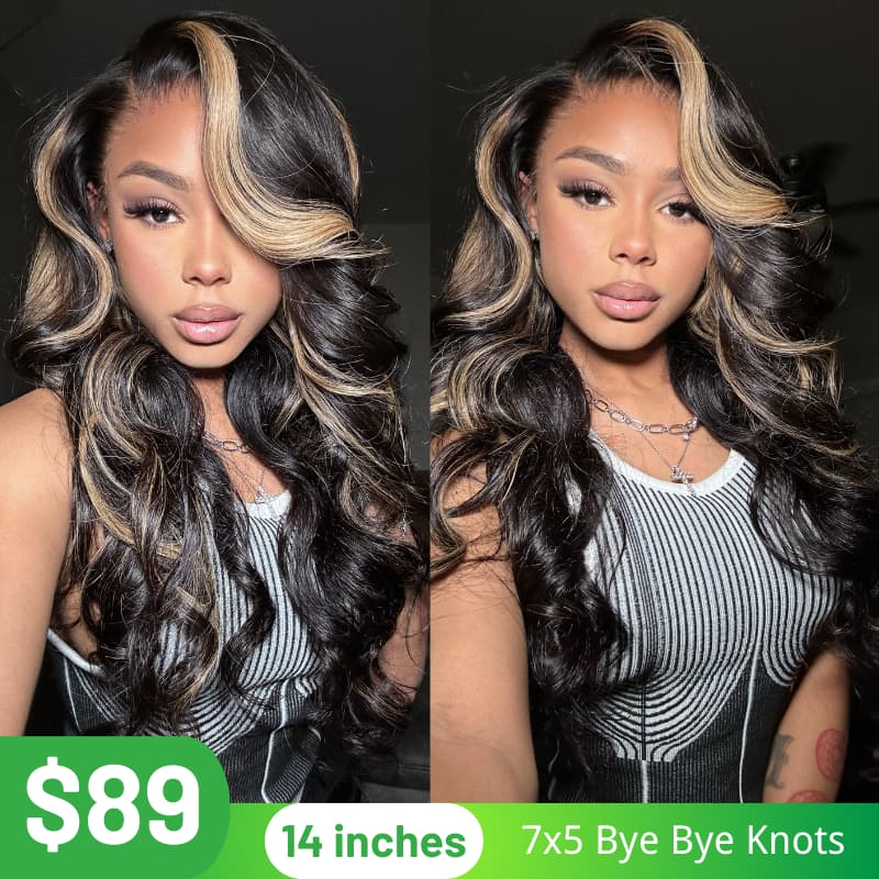 Klaiyi 7x5 Glueless Lace Put On and Go Pre-cut Lace  Natural Color With Peek A Boo Blonde Highlights Body Wave Wig Flash Sale - KLAIYI product image