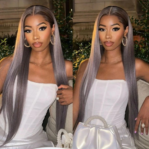 Klaiyi Brown Roots gray Lace Front wig