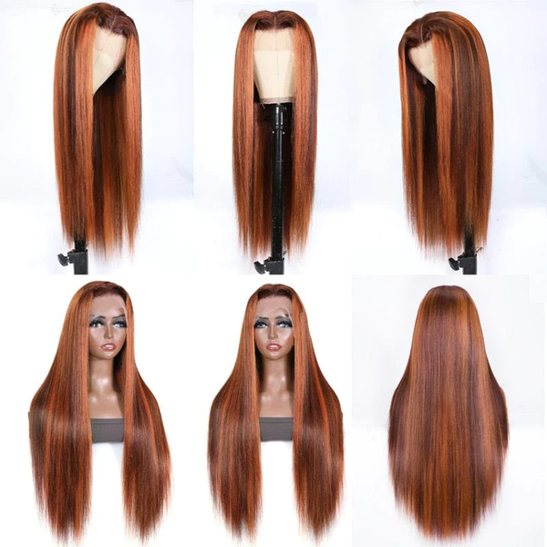 Klaiyi Mixed Ginger Orange Lace Front Wigs Straight Dimensional Copper Highlights Human Hair