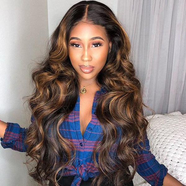 Klaiyi Tendency Ombre Color Wigs #1B30 Balayage Blonde Body Wave Human Hair Lace Frontal Wigs Shadow Root Glueless Headband Wigs