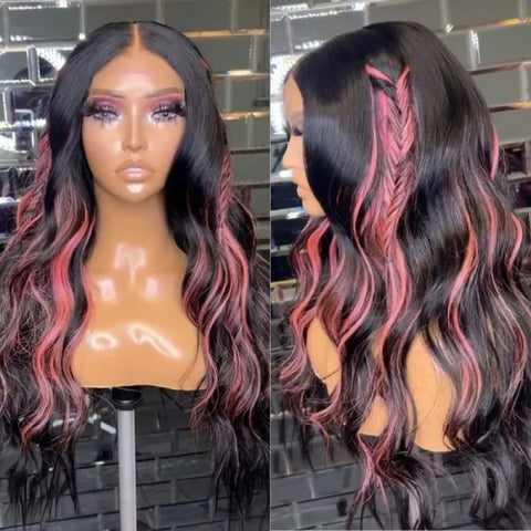 Klaiyi Natural Black Body Wave With Pink Highlights Lace Front wig