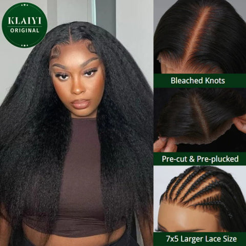 Klaiyi 7x5 Bleached Knots kinky straight Put On and Go wig