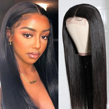 Image of Klaiyi Straight Hair 4x4 Hand Tied Lace Part Wig 100% Virgin Human Hair Pre-plucked Natural Hairline