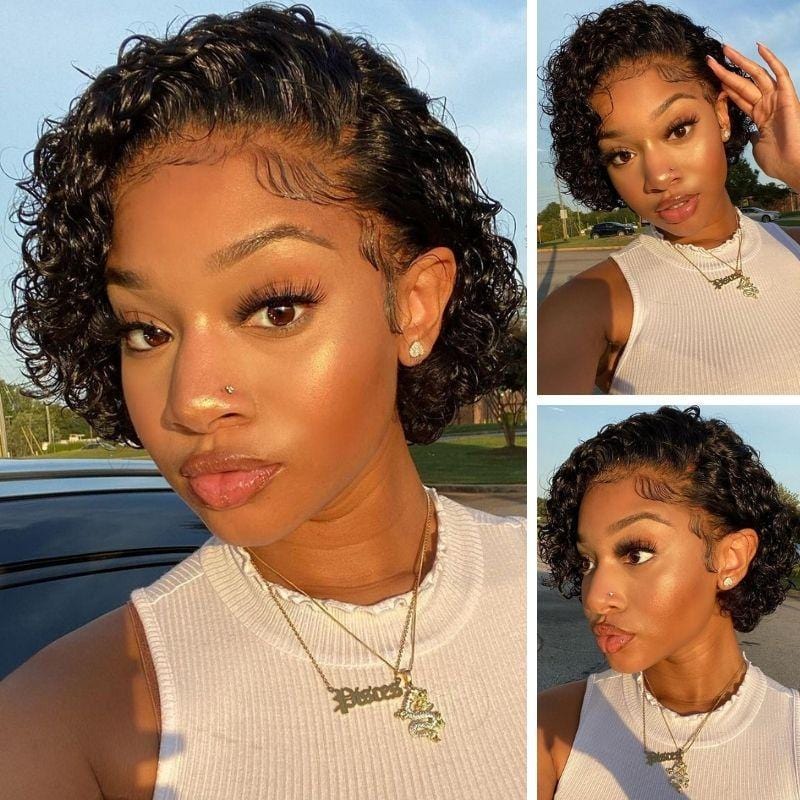 Image of Klaiyi Short Bob Pixie Cut Lace Front Wig Virgin Human Hair Water Curly Pre Plucked Bleached Knots