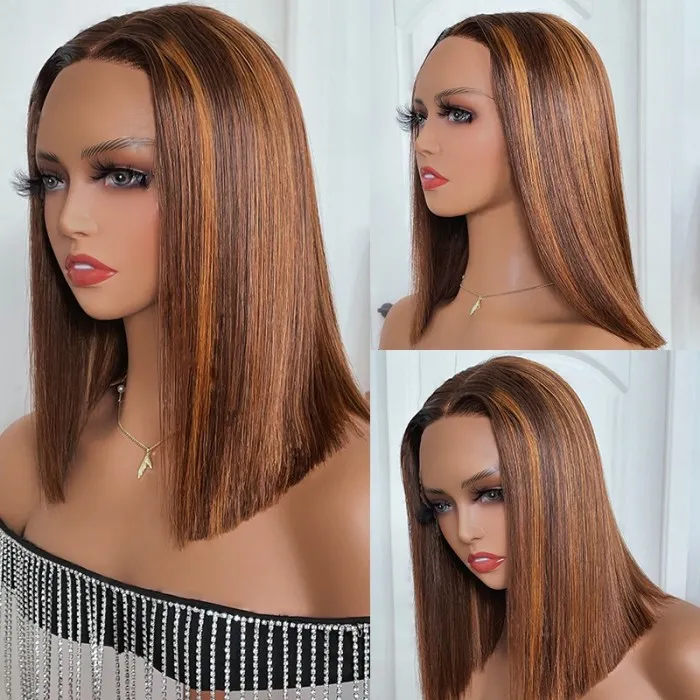 Klaiyi Brown Golden With Piano Highlights Blunt Cut Bob 13x5 T Part Lace Wig 100% Human Hair Wigs