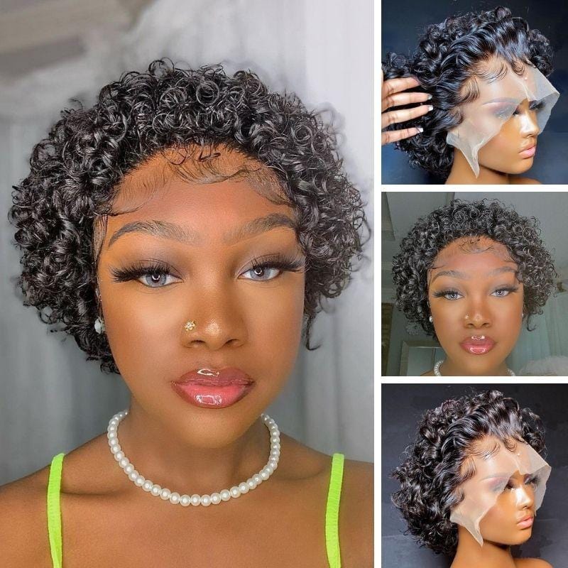 Natural Black Color Pixie Cut Curly Bob with bangs Lace Front Wig  beyou048