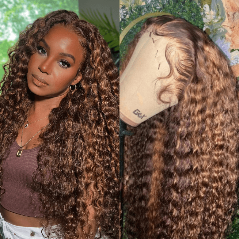 Flash Sale Sunber Piano Brown Highlight Big Curly Lace Frontal Wigs Water Wave Human Hair