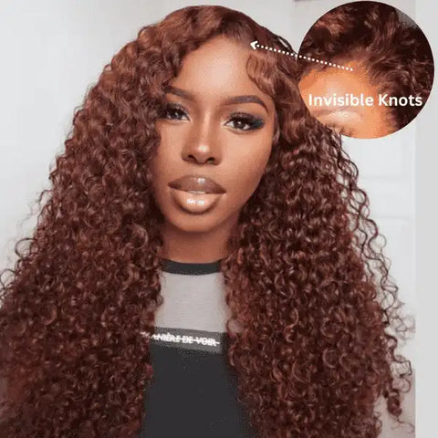 Sunber Reddish Brown Bye Bye Knots Jerry Curly 7x5 Pre-Cut Lace Wig Glueless Bleached Knots