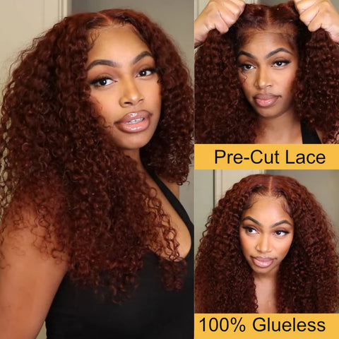 Sunber Reddish Brown Jerry Curly Pre-Cut Lace Wig Glueless Lace Front Human Hair