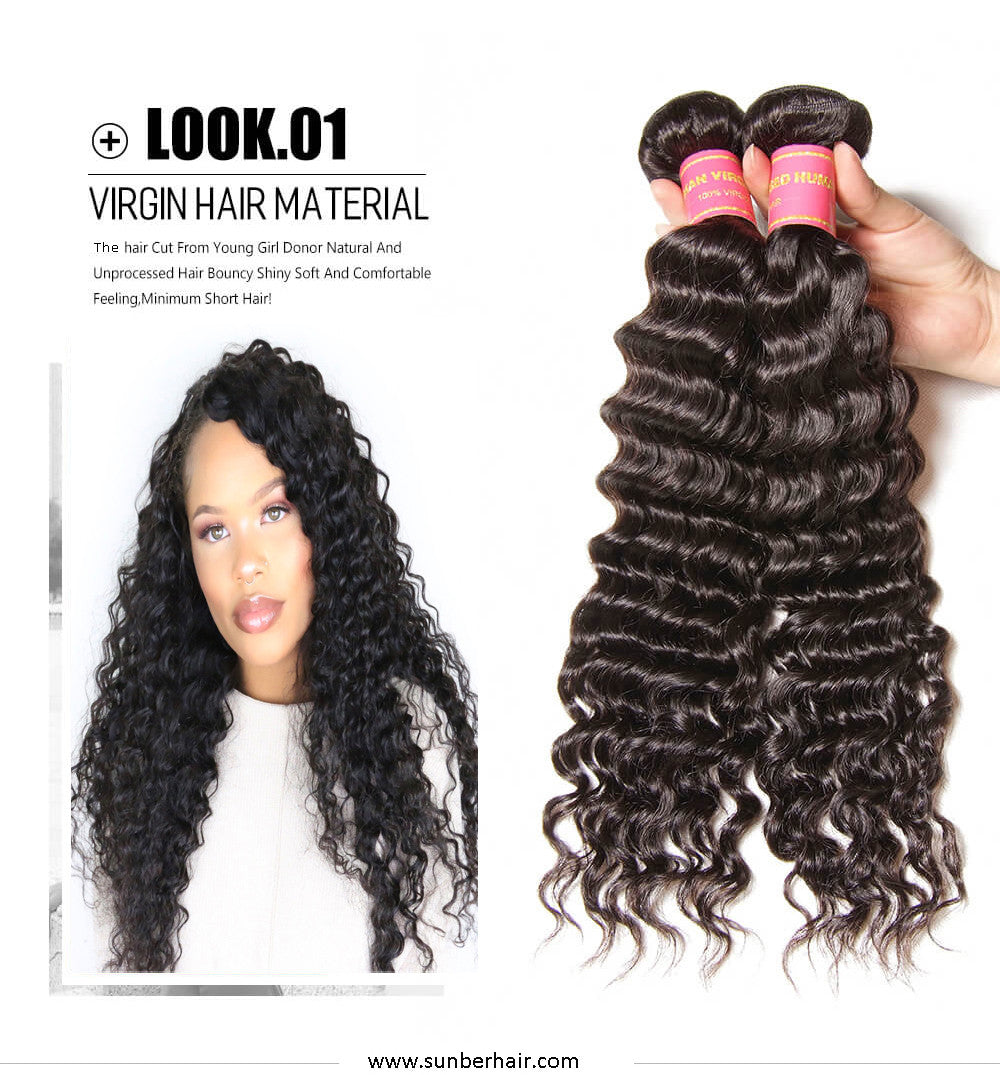 Sunber 100 Peruvian Hair Deep Wave 3 Bundles With Lace Frontal Ear T