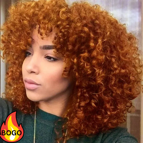 Sunber Ginger Orange Bouncy Curls Short Human Hair Wigs With Bangs Glueless Pixie Cuts Wigs