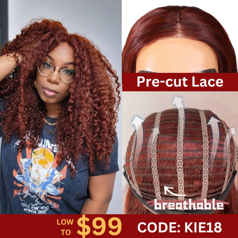 Wear And Go Reddish Brown Jerry Curly Pre-Cut Lace 4x4 Lace Closure Wig