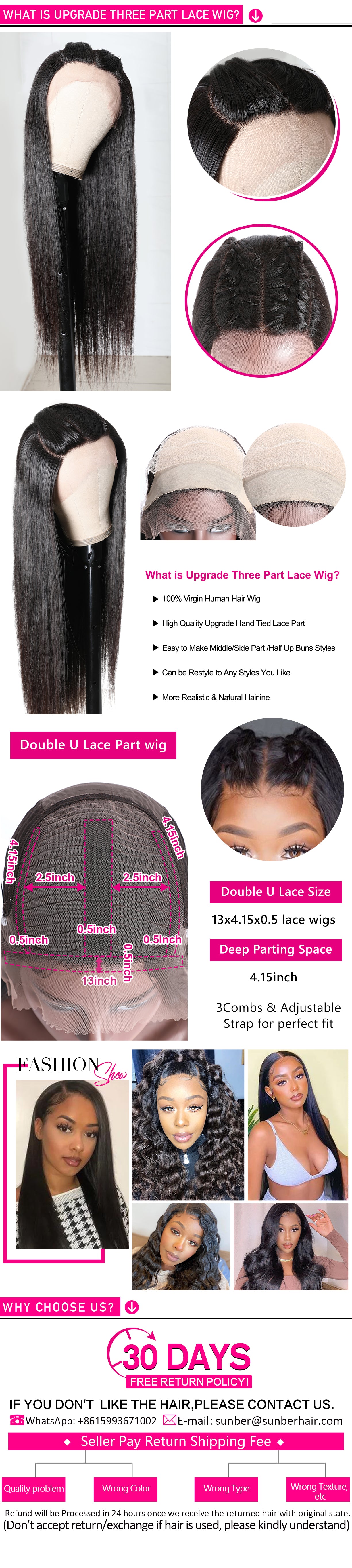 Sunber Upgrade Three Part Lace Wigs Natural Hairline Hand-Tied Double U Shape Long Straight Human Hair Wigs