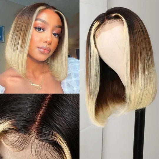 Sunber Mixed Dark Brown to Highlight Blonde 4 By 4 Hand Tied Lace Part Short BOB Human Hair Wigs Ombre T1B/4/613 Color