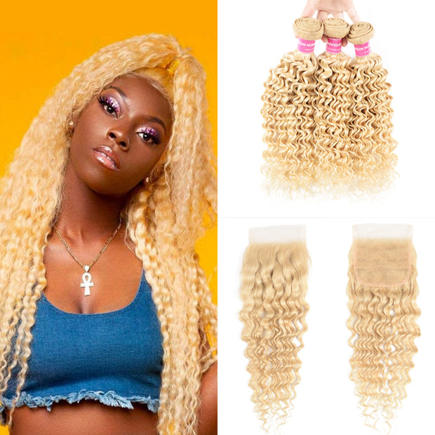 Sunber Hair 3 Bundles 613 Blonde Deep Wave Human Hair Weaves With 4X4 Lace Closure