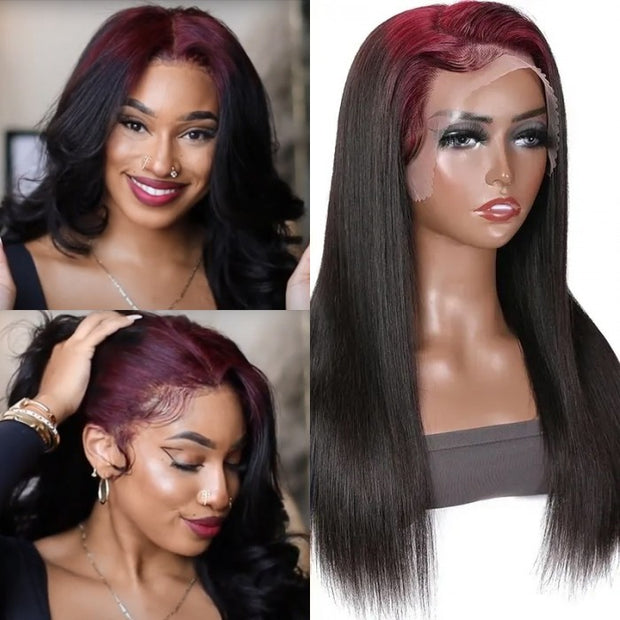 Sunber Skunk Stripe Hair Sparkle Burgundy 99j Roots Straight 13x4 Lace 