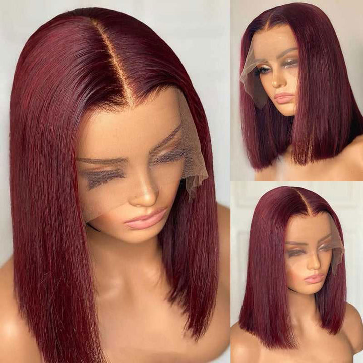 Sunber 99j Burgundy Color T Part Lace Front Wig Blunt Cut Bob Wigs 