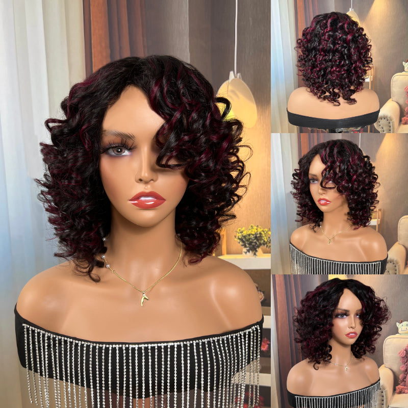 Sunber Curly Short Bob 99j Highlighted Glueless Wig With Bangs 