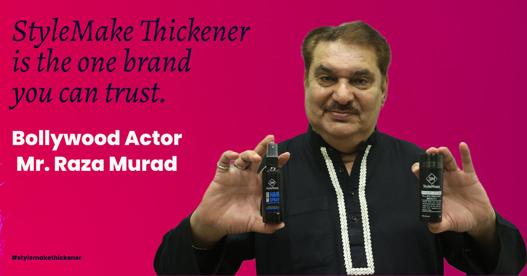 StyleMake Thickener Hair building fiber and StyleMake Hair Spray in India used by bollwyood actors like Raza Murad, Arif Zakaria, Rohit Bose, Rushad Rana, Vindu Dara Singh, and many more. StyleMake Thickener is free of side effects, easy to use and express delivery in India.