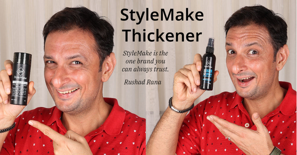 StyleMake Thickener Hair building fiber and StyleMake Hair Spray in India used by bollwyood actors like Raza Murad, Arif Zakaria, Rohit Bose, Rushad Rana, Vindu Dara Singh, and many more. StyleMake Thickener is free of side effects, easy to use and express delivery in India.