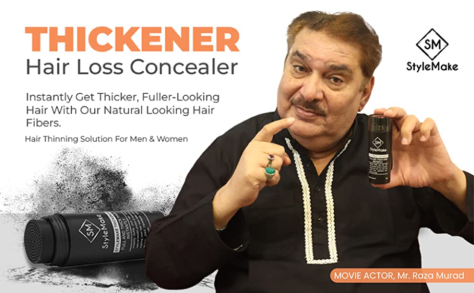 StyleMake Thickener Hair building fiber in India used by bollwyood actors like Raza Murad, Arif Zakaria, Rohit Bose, Rushad Rana, Vindu Dara Singh, and many more. StyleMake Thickener is free of side effects, easy to use and express delivery in India.