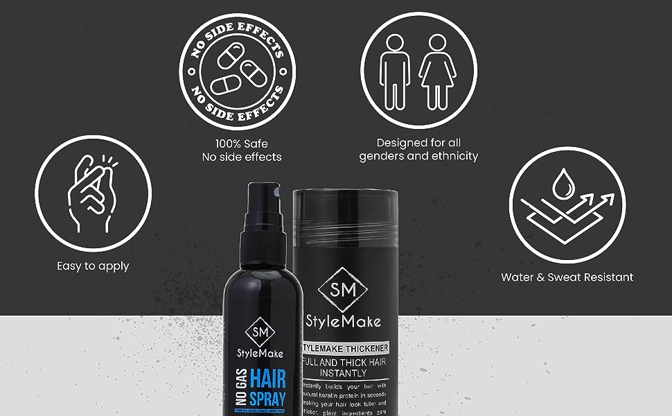 StyleMake Hair Spray Fiber Hold Spray Extreme Hold Thickener Hair Building Fiber Fibers in India, Best Quality Hair Building Fiber than Caboki, Toppik, Boldify, Thick Hair and super fast delivery.