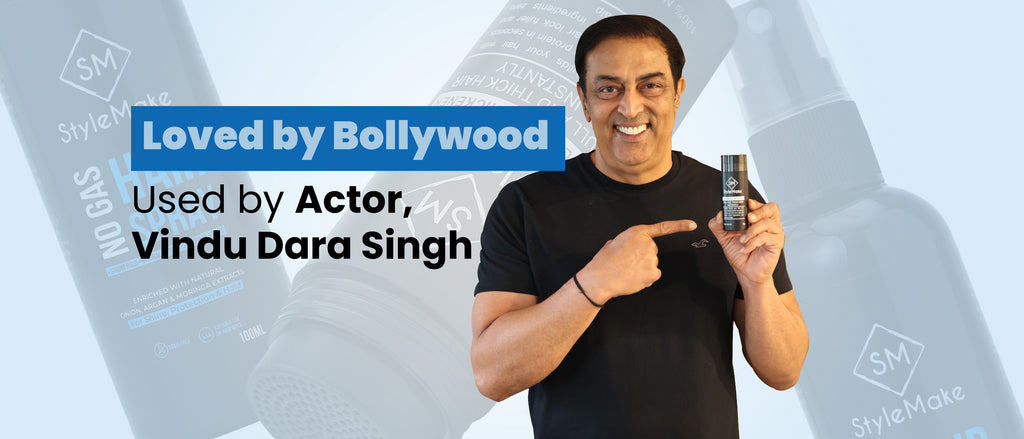 Actor Vindu Dara Singh using StyleMake Thickener Hair Building Fiber in India with StyleMake Hair Setting Fiber Hold Spray express delivery with cash on delivery in Delhi, Mumbai, Chennai, Bangaluru, Pune.