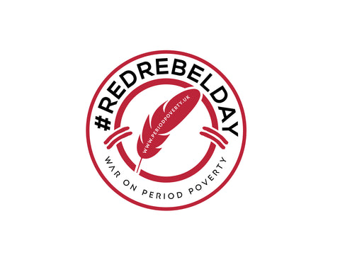 An image of the Red Rebel Day logo featuring the red feather symbol and the slogan 'War on Period Poverty'