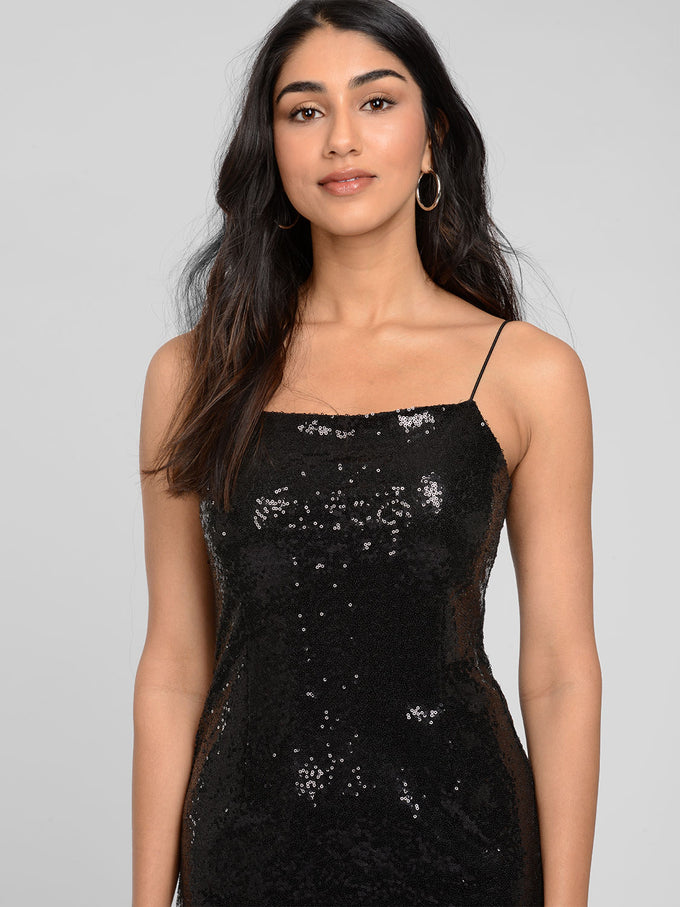 sparkly black spaghetti strap dress