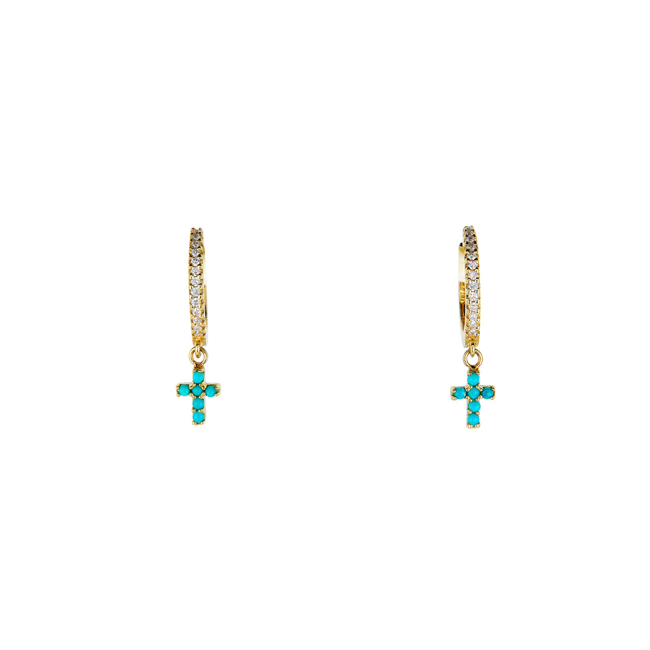 Image of Tiny Turquoise Cross Diamond Hoop Earrings