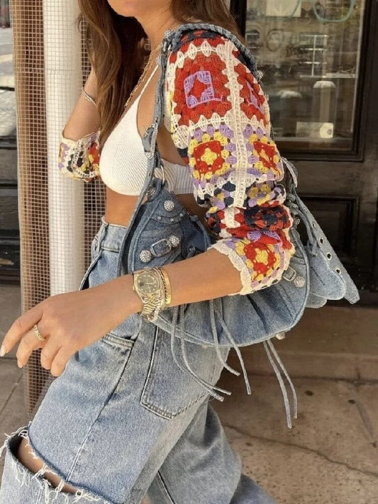 Women Bohemian Hand Crochet Long Sleeve Granny Square Multi Color Crop –  JeHouze.US