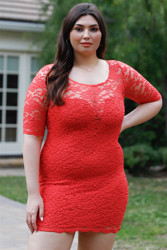 Women Plus Size Lace Casual Short Sleeve Round Neck Flowy Dress_ –  JeHouze.US