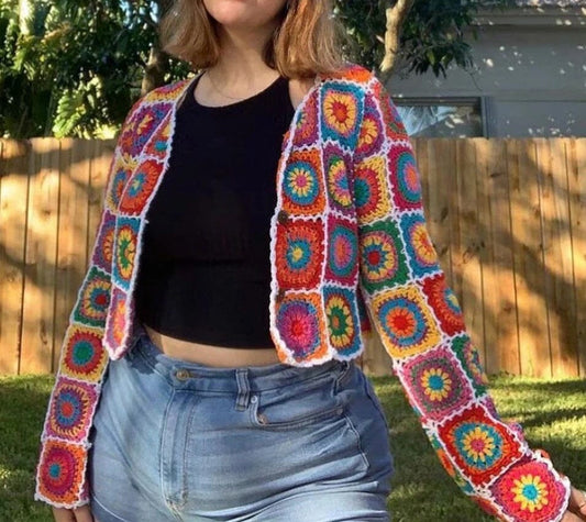 Granny Square Long Sleeve Top Colorful Crochet Crop Top Hand Crocheted –  Made4Walkin