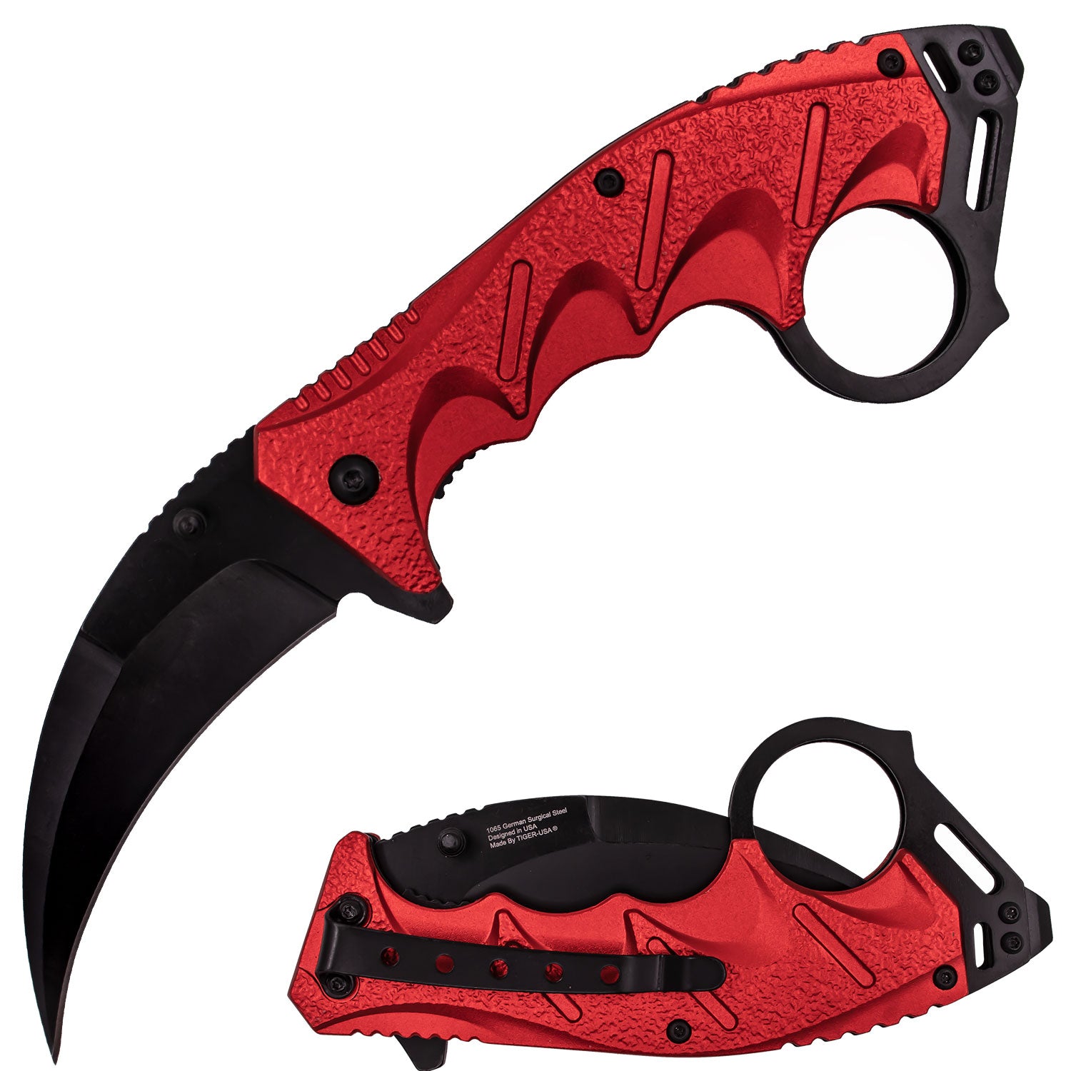 Tiger-USA Spring Assisted Ergogrip Karambit Knife - Red – Panther Wholesale