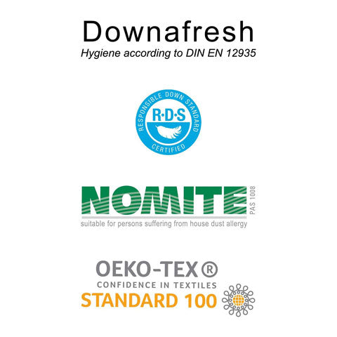 Downafresh, Nomite, RDS, OEKO-TEX 100 duvet accreditation logos for scooms