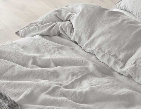 Close up of grey natural bed linen