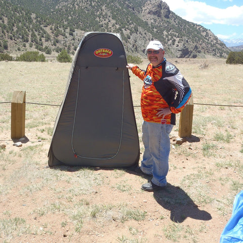 Showing off the new poop tent