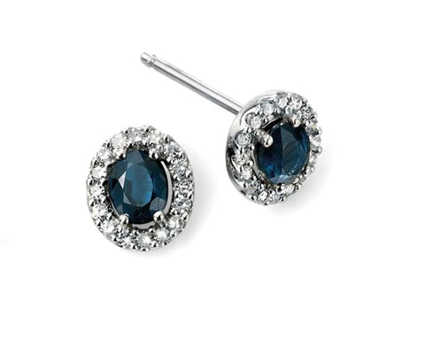 white gold sapphire and diamond oval cluster stud earrings