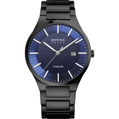 Bering men's black and blue solar titanium watch