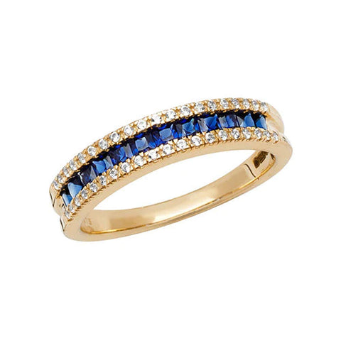 gold half eternity ring with white and blue sapphires