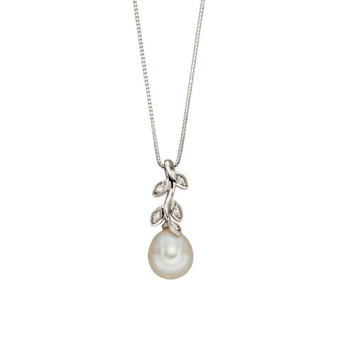 white gold pearl and diamond leaves pendant