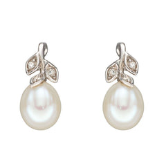 white gold pearl and diamond leaves stud earrings