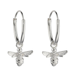 silver hoop earrings with bee charm dangle