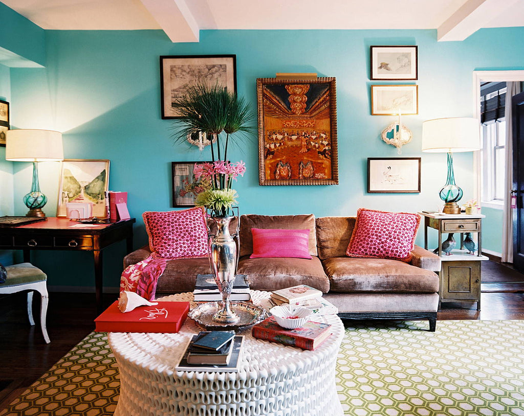 blue themed bohemian living room