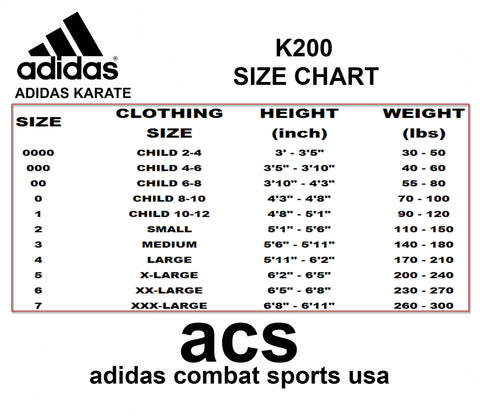 adidas karate gi size chart